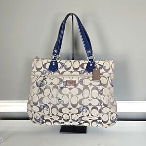 Coach Poppy Grey/Taupe Signature Glam Large Tote Bag With Blue Patent Trim 18711